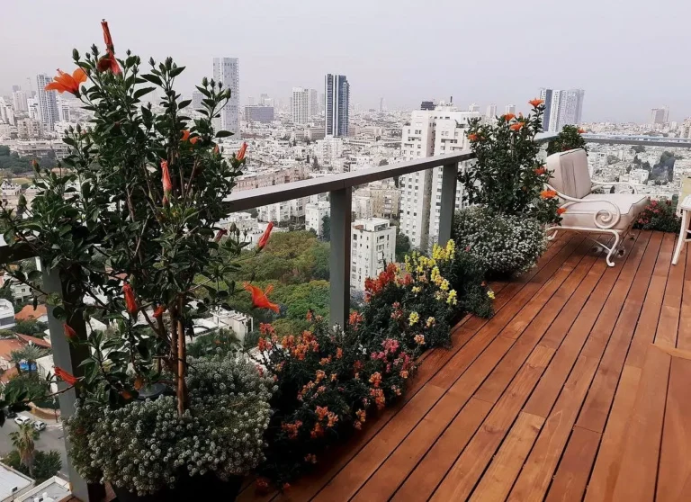 מרפסת עם נוף מעוצבת דקורטיבית עם הרבה צמחייה ירוקה