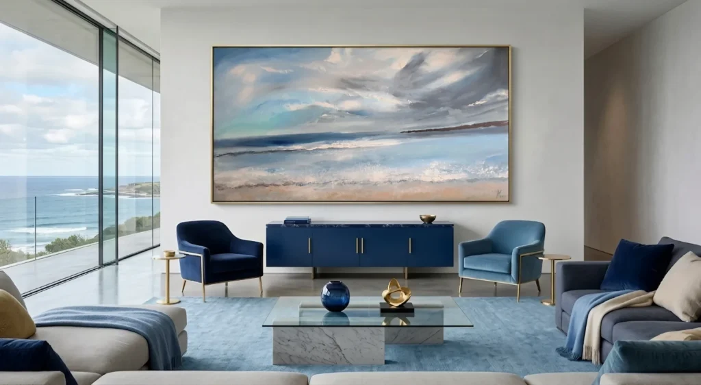 A livingroom with a painting on the wall of a sea view.סלון עם הדמיה של תמונה של ים.