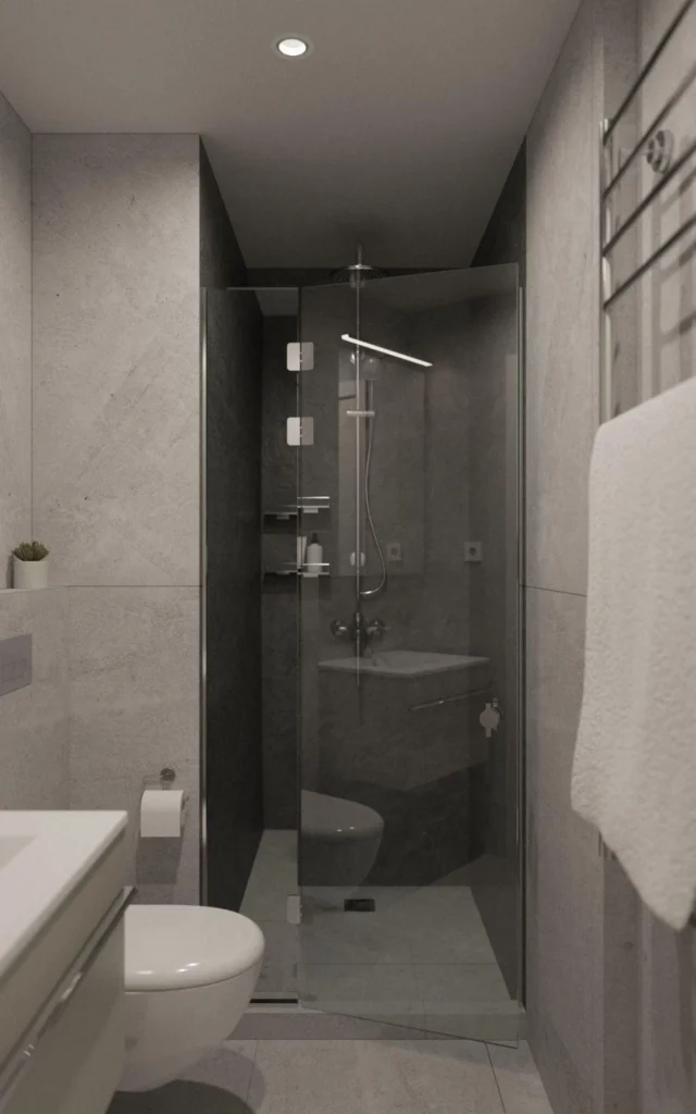 חדר רחצה יוקרתי עם מקלחון דלת זכוכית ואסלה תלויה